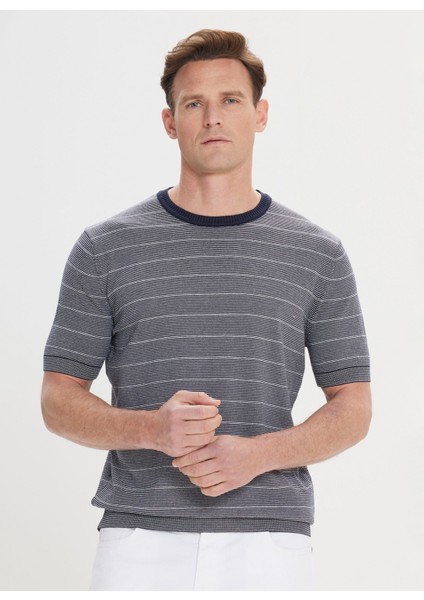ALTINYILDIZ CLASSICS Erkek Lacivert-Beyaz Standart Fit Normal Kesim %100 Pamuk Çizgili Bisiklet Yaka Triko Tişört modelleri