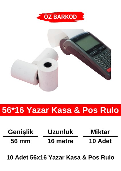 Öz Barkod Termal Yazar Kasa&pos Rulo 56 mm x 16 Metre - 10 Adet Termal Rulo