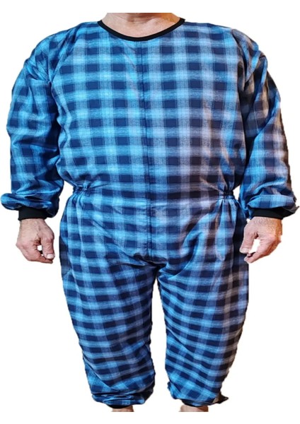 Uzun Kollu,ribanalı Demans Tulumu Hasta Bakım Kıyafet Terletmez Ekose Kumaş %100 Pamuk