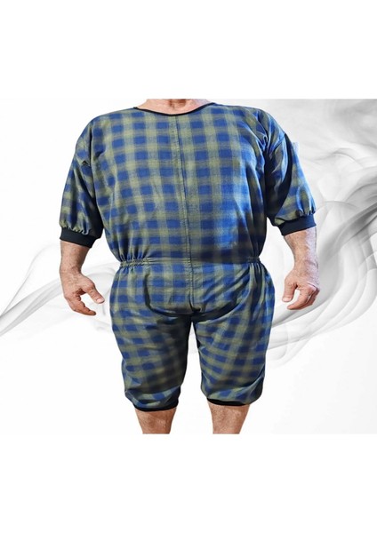 Kısa Kol Ribanalı Demans Tulumu Hasta Bakım Kıyafet Terletmez Ekose Kumaş %100 Pamuk