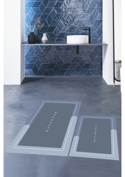 Dijital Baskılı Yıkanabilir Bathroom Yazılı Ikili Banyo Paspası, Klozet-1-Mavi,