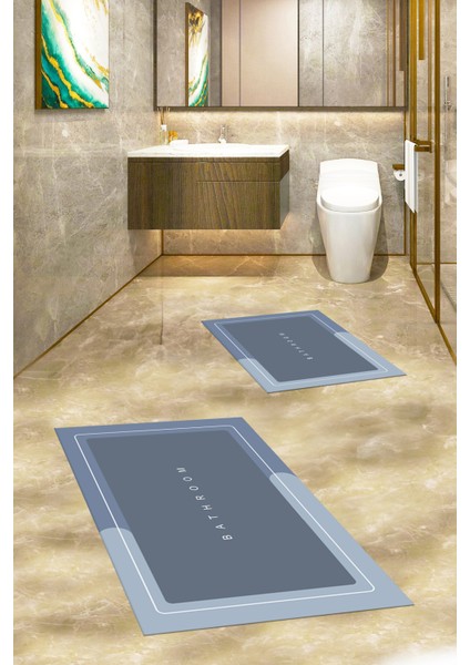 Dijital Baskılı Yıkanabilir Bathroom Yazılı Ikili Banyo Paspası, Klozet-1-Mavi, modelleri