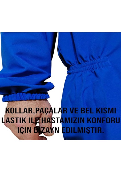 Uzun Kol Demans Tulumu Hasta Bakım Kıyafet Terletmez %100 Pamuklu Kumaş - Mavi