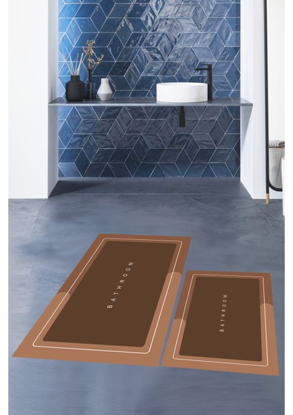 Dijital Baskılı Yıkanabilir Bathroom Yazılı Ikili Banyo Paspası, Klozet-1-Kahve,