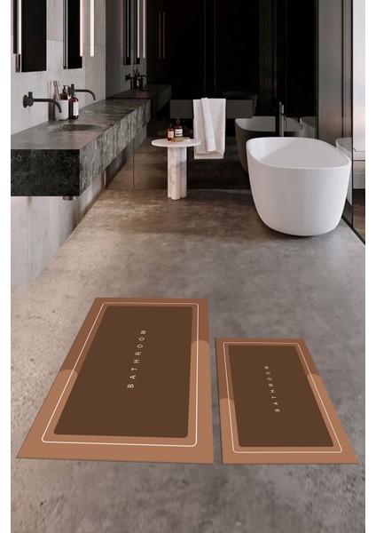 Dijital Baskılı Yıkanabilir Bathroom Yazılı Ikili Banyo Paspası, Klozet-1-Kahve, fiyatları