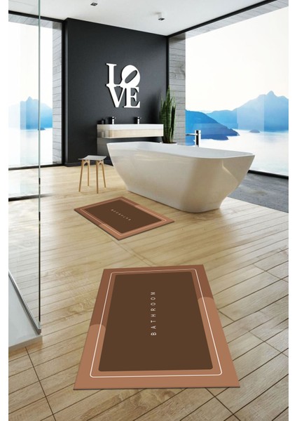 Dijital Baskılı Yıkanabilir Bathroom Yazılı Ikili Banyo Paspası, Klozet-1-Kahve, fırsatları