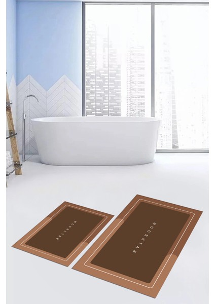 Dijital Baskılı Yıkanabilir Bathroom Yazılı Ikili Banyo Paspası, Klozet-1-Kahve, indirimleri
