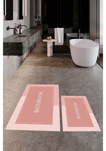 Dijital Baskılı Yıkanabilir Bathroom Yazılı Ikili Banyo Paspası, Klozet-2-Pembe,