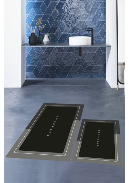 Dijital Baskılı Yıkanabilir Bathroom Yazılı Ikili Banyo Paspası, Klozet-1-Siyah,
