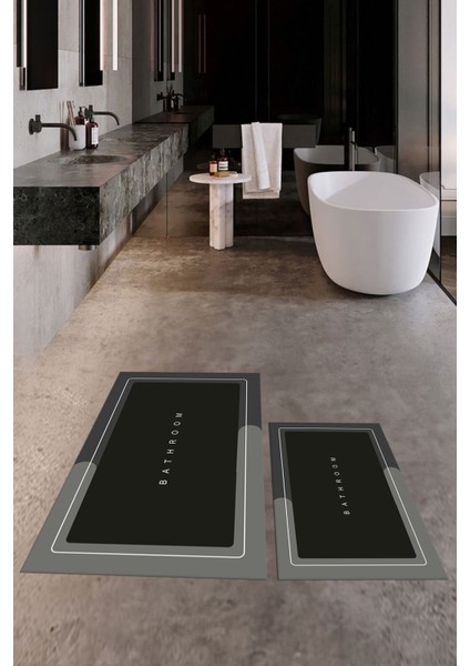 Dijital Baskılı Yıkanabilir Bathroom Yazılı Ikili Banyo Paspası, Klozet-1-Siyah, fiyatları