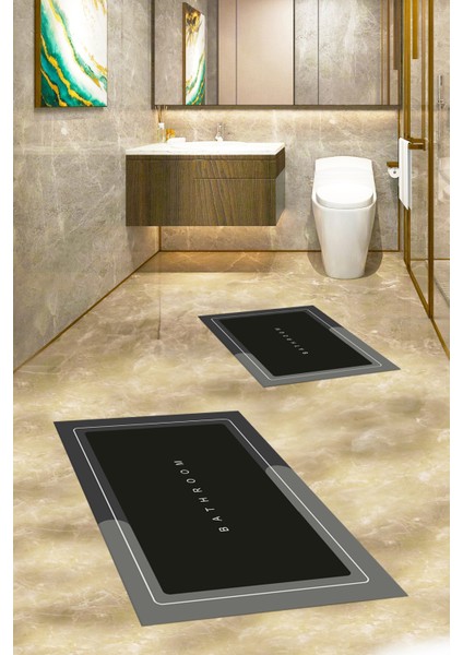 Dijital Baskılı Yıkanabilir Bathroom Yazılı Ikili Banyo Paspası, Klozet-1-Siyah, modelleri