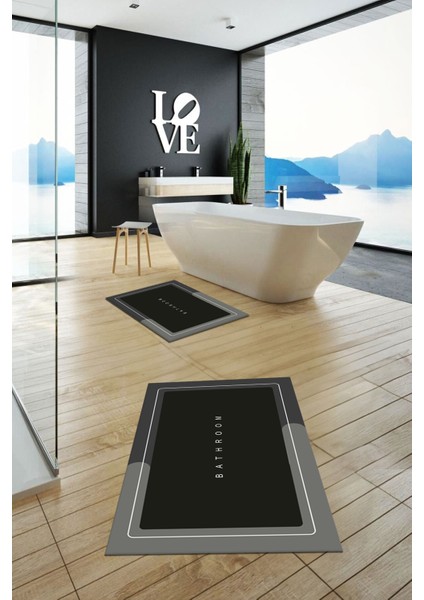 Dijital Baskılı Yıkanabilir Bathroom Yazılı Ikili Banyo Paspası, Klozet-1-Siyah, fırsatları