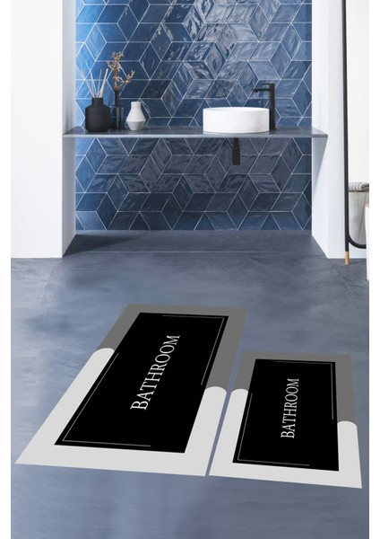 Dijital Baskılı Yıkanabilir Bathroom Yazılı Ikili Banyo Paspası, Klozet-2-Siyah,