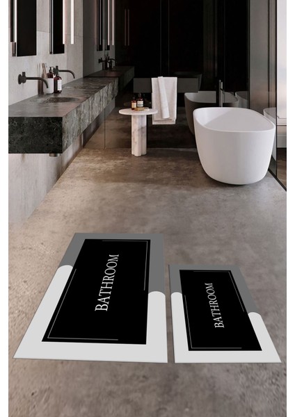 Dijital Baskılı Yıkanabilir Bathroom Yazılı Ikili Banyo Paspası, Klozet-2-Siyah, fiyatları