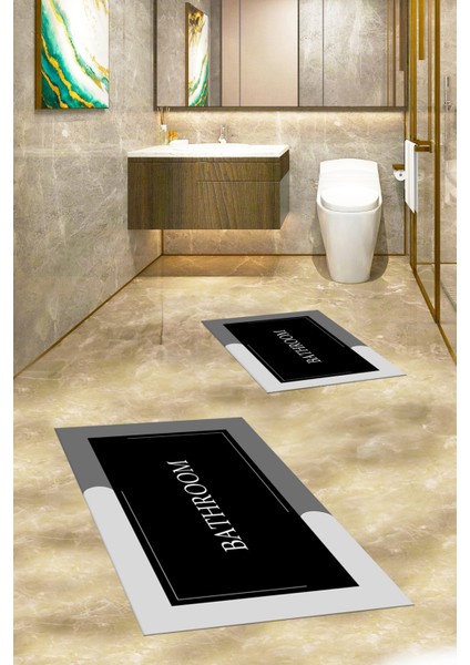 Dijital Baskılı Yıkanabilir Bathroom Yazılı Ikili Banyo Paspası, Klozet-2-Siyah, modelleri