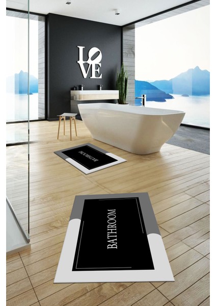 Dijital Baskılı Yıkanabilir Bathroom Yazılı Ikili Banyo Paspası, Klozet-2-Siyah, fırsatları