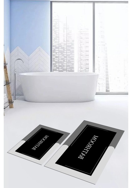 Dijital Baskılı Yıkanabilir Bathroom Yazılı Ikili Banyo Paspası, Klozet-2-Siyah, indirimleri