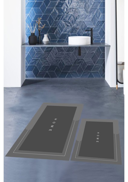 Dijital Baskılı Yıkanabilir Home Yazılı Ikili Banyo Paspası, Klozet-3-Gri,