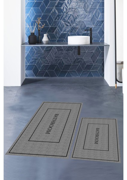 Dijital Baskılı Yıkanabilir Sade Bathroom Yazılı Ikili Banyo Paspası, Klozet-4-Gri,