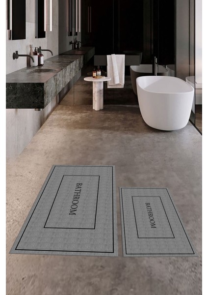 Dijital Baskılı Yıkanabilir Sade Bathroom Yazılı Ikili Banyo Paspası, Klozet-4-Gri, fiyatları