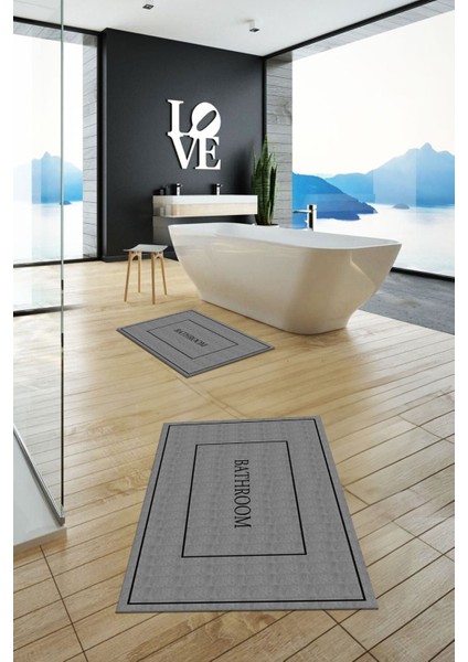 Dijital Baskılı Yıkanabilir Sade Bathroom Yazılı Ikili Banyo Paspası, Klozet-4-Gri, fırsatları