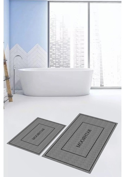 Dijital Baskılı Yıkanabilir Sade Bathroom Yazılı Ikili Banyo Paspası, Klozet-4-Gri, indirimleri