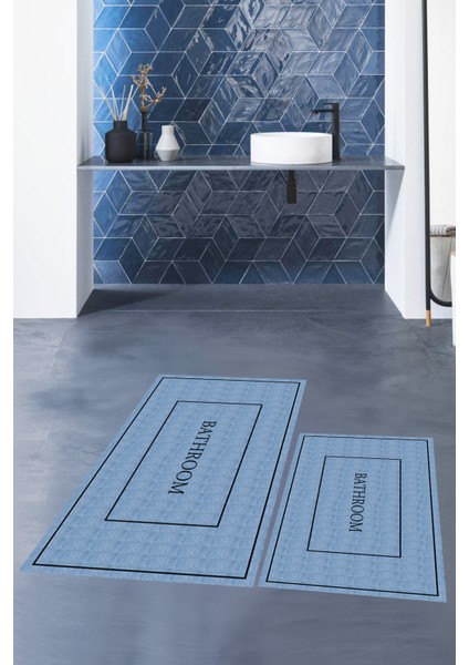Dijital Baskılı Yıkanabilir Sade Bathroom Yazılı Ikili Banyo Paspası, Klozet-4-Mavi,