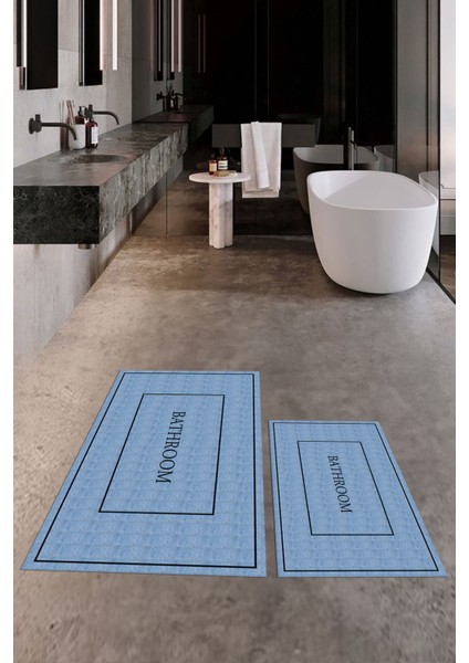 Dijital Baskılı Yıkanabilir Sade Bathroom Yazılı Ikili Banyo Paspası, Klozet-4-Mavi, fiyatları