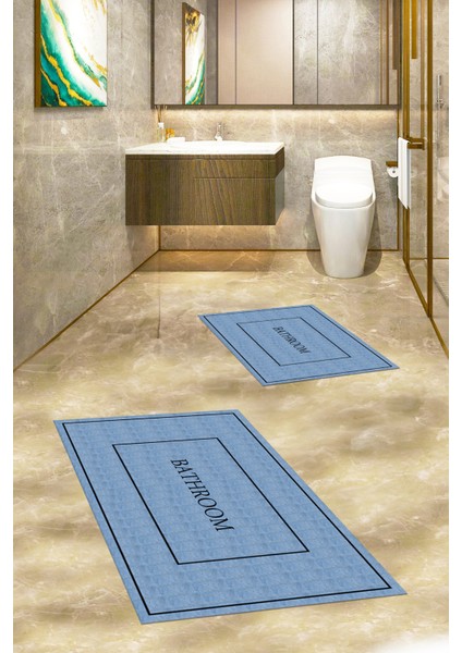 Dijital Baskılı Yıkanabilir Sade Bathroom Yazılı Ikili Banyo Paspası, Klozet-4-Mavi, modelleri