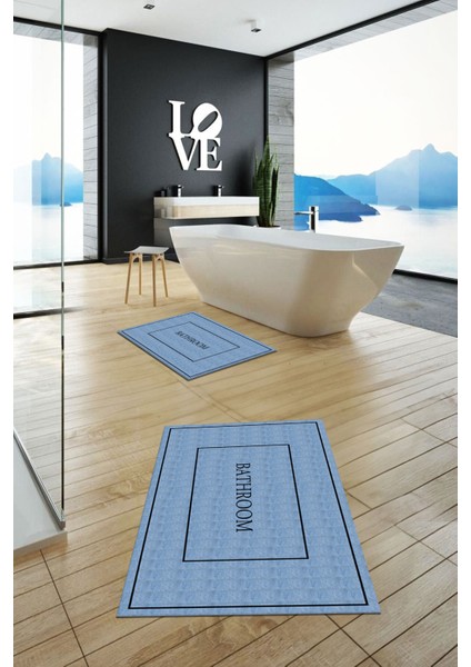 Dijital Baskılı Yıkanabilir Sade Bathroom Yazılı Ikili Banyo Paspası, Klozet-4-Mavi, fırsatları