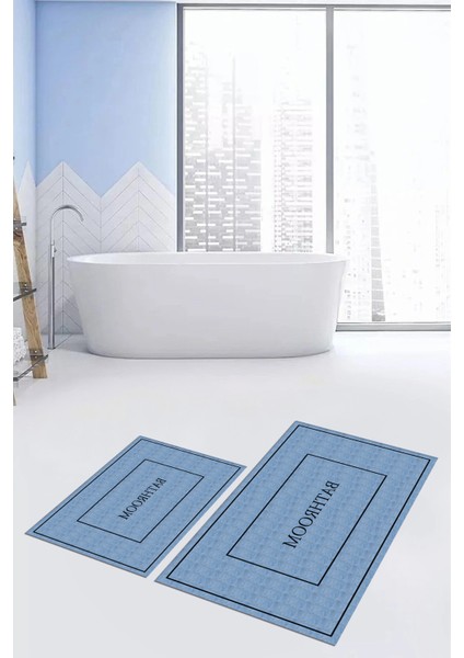 Dijital Baskılı Yıkanabilir Sade Bathroom Yazılı Ikili Banyo Paspası, Klozet-4-Mavi, indirimleri
