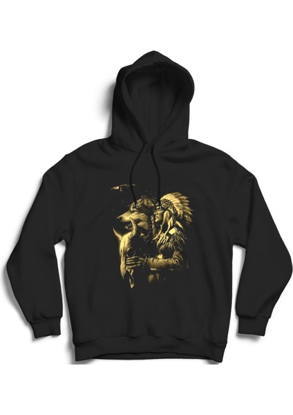 Indian Man, Eagle And Wolf, Şaman, Kızılderili Kurt Kapüşonlu Sweatshirt Hoodie