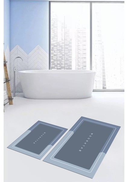 Dijital Baskılı Yıkanabilir Bathroom Yazılı Ikili Banyo Paspası, Klozet-1-Mavi, indirimleri