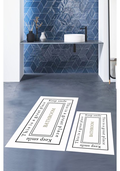 Dijital Baskılı Yıkanabilir Desenli Bathroom Yazılı Ikili Banyo Paspası, Klozet-5-Beyaz,