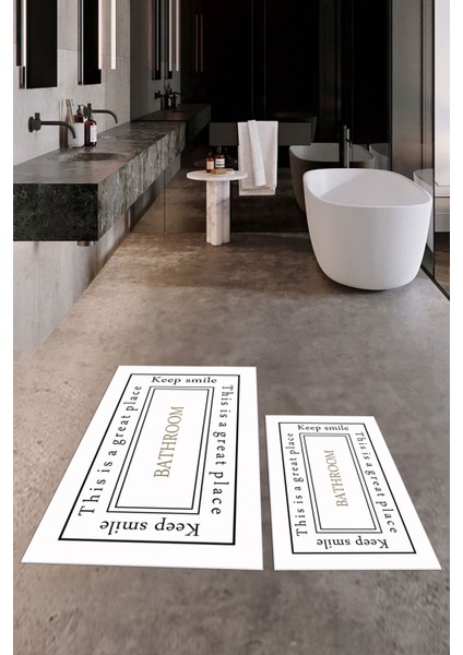 Dijital Baskılı Yıkanabilir Desenli Bathroom Yazılı Ikili Banyo Paspası, Klozet-5-Beyaz, fiyatları