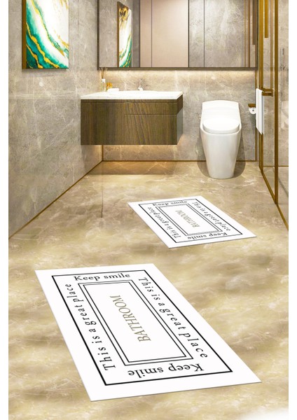 Dijital Baskılı Yıkanabilir Desenli Bathroom Yazılı Ikili Banyo Paspası, Klozet-5-Beyaz, modelleri