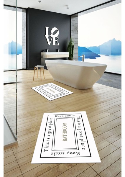 Dijital Baskılı Yıkanabilir Desenli Bathroom Yazılı Ikili Banyo Paspası, Klozet-5-Beyaz, fırsatları