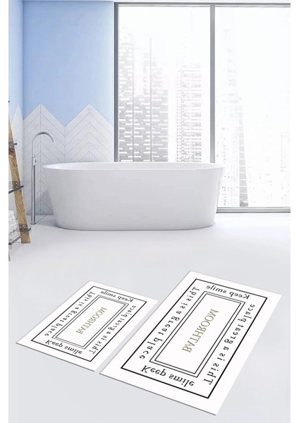 Dijital Baskılı Yıkanabilir Desenli Bathroom Yazılı Ikili Banyo Paspası, Klozet-5-Beyaz, indirimleri