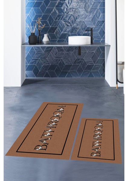 Dijital Baskılı Yıkanabilir Çerçeveli Bathroom Yazılı Ikili Banyo Paspası, Klozet-6-Kahve,