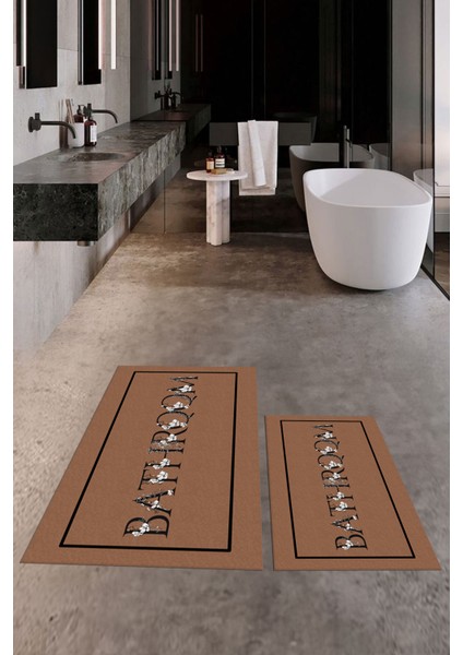 Dijital Baskılı Yıkanabilir Çerçeveli Bathroom Yazılı Ikili Banyo Paspası, Klozet-6-Kahve, fiyatları
