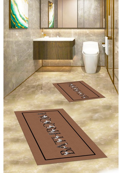 Dijital Baskılı Yıkanabilir Çerçeveli Bathroom Yazılı Ikili Banyo Paspası, Klozet-6-Kahve, modelleri