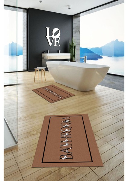 Dijital Baskılı Yıkanabilir Çerçeveli Bathroom Yazılı Ikili Banyo Paspası, Klozet-6-Kahve, fırsatları