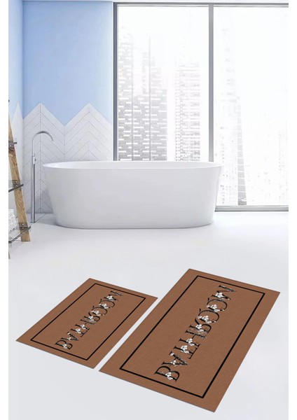 Dijital Baskılı Yıkanabilir Çerçeveli Bathroom Yazılı Ikili Banyo Paspası, Klozet-6-Kahve, indirimleri