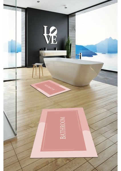 Dijital Baskılı Yıkanabilir Bathroom Yazılı Ikili Banyo Paspası, Klozet-2-Pembe,