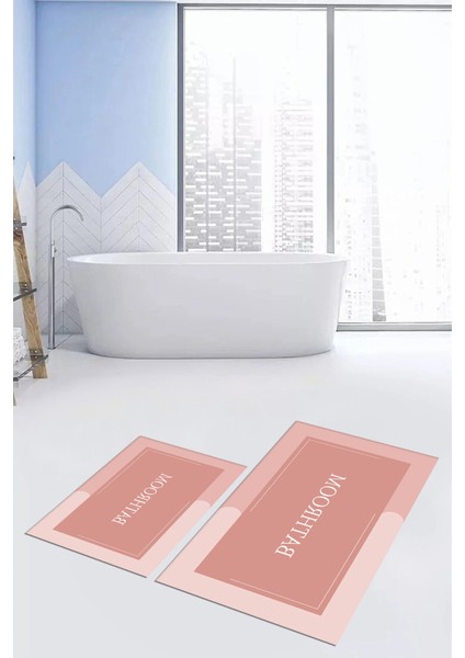 Dijital Baskılı Yıkanabilir Bathroom Yazılı Ikili Banyo Paspası, Klozet-2-Pembe,