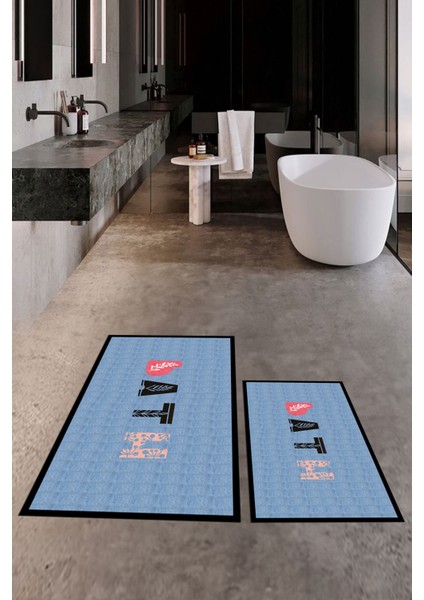 Dijital Baskılı Yıkanabilir Renkli Bath Yazılı Ikili Banyo Paspası, Klozet-8-Mavi,