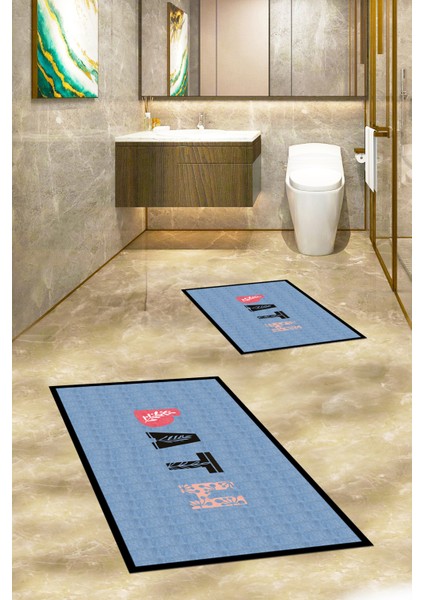 Dijital Baskılı Yıkanabilir Renkli Bath Yazılı Ikili Banyo Paspası, Klozet-8-Mavi, fiyatları