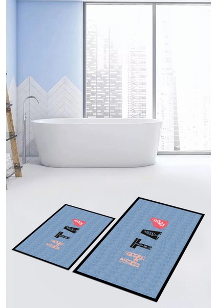 Dijital Baskılı Yıkanabilir Renkli Bath Yazılı Ikili Banyo Paspası, Klozet-8-Mavi, fırsatları