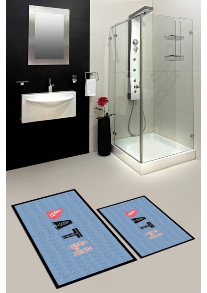 Dijital Baskılı Yıkanabilir Renkli Bath Yazılı Ikili Banyo Paspası, Klozet-8-Mavi, indirimleri