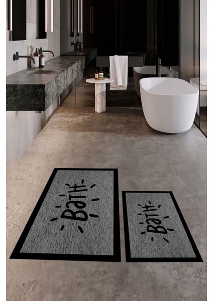 Dijital Baskılı Yıkanabilir Çerçeveli Bath Yazılı Ikili Banyo Halısı Paspas, Klozet-10-Gri,